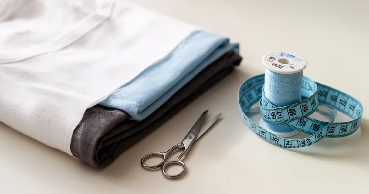 A still life arrangement featuring a folded piece of colorful fabric, small silver scissors, a wooden thread spool, and a yellow measuring tape.