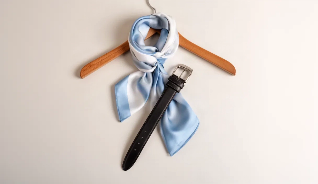 A top-down view of a neatly arranged red silk scarf, a brown leather belt, and a minimalist wooden hanger on a light surface.