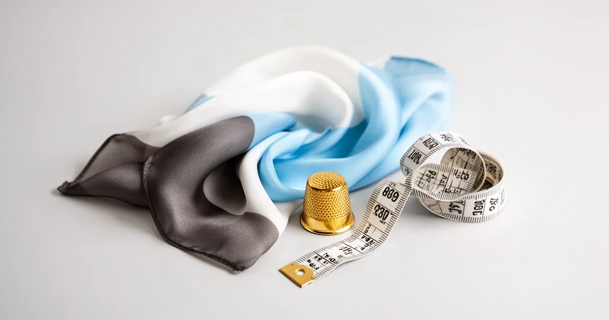 A meticulously arranged still life featuring a luxurious silk scarf, a vintage gold thimble, and a soft measuring tape, symbolizing the precision and artistry of virtual fashion design.