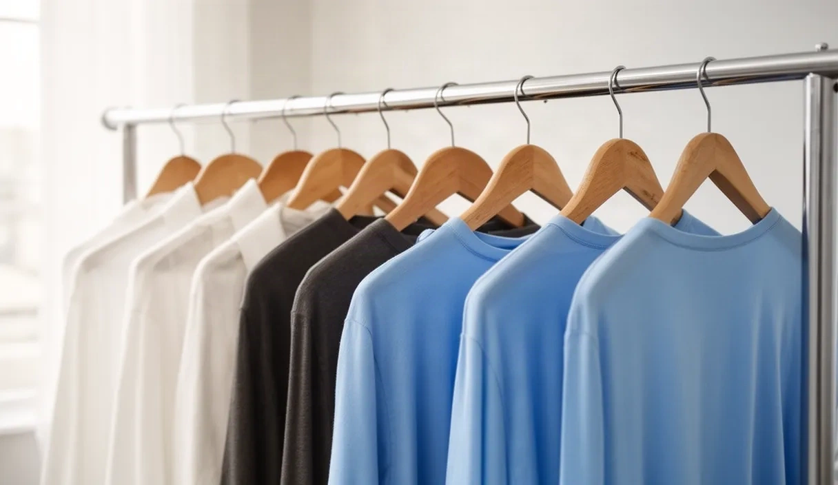 A bright, airy room with a minimalist clothing rack holding various garments on wooden hangers, representing the endless possibilities of AI-generated outfits in a personal wardrobe setting.