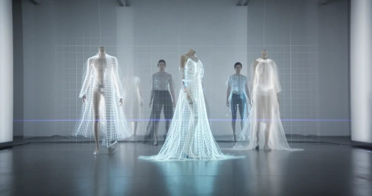 A holographic fabric draped within a laser grid, symbolizing advanced fashion technology.