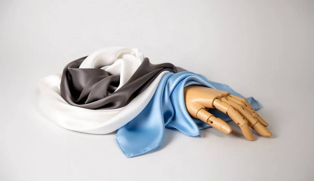 A silk scarf gently draped over a wooden mannequin hand, representing AI-powered clothing visualization.